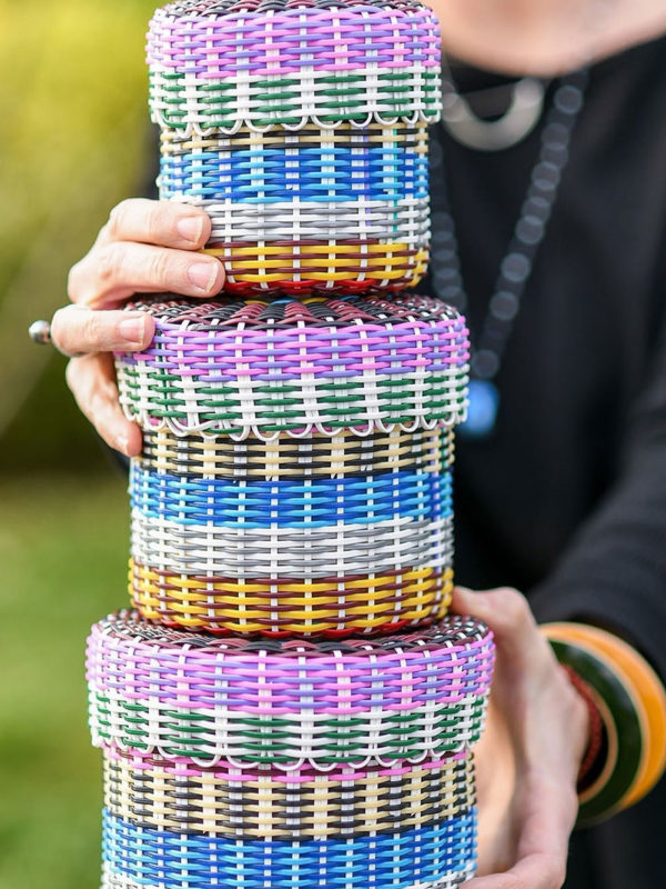 Handmade totes & containers. Recycled plastic. Designed by ixöq. Artisan made. Women powered biz.