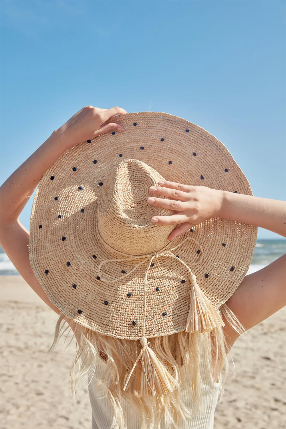 crochet navy dotted brim summer hat