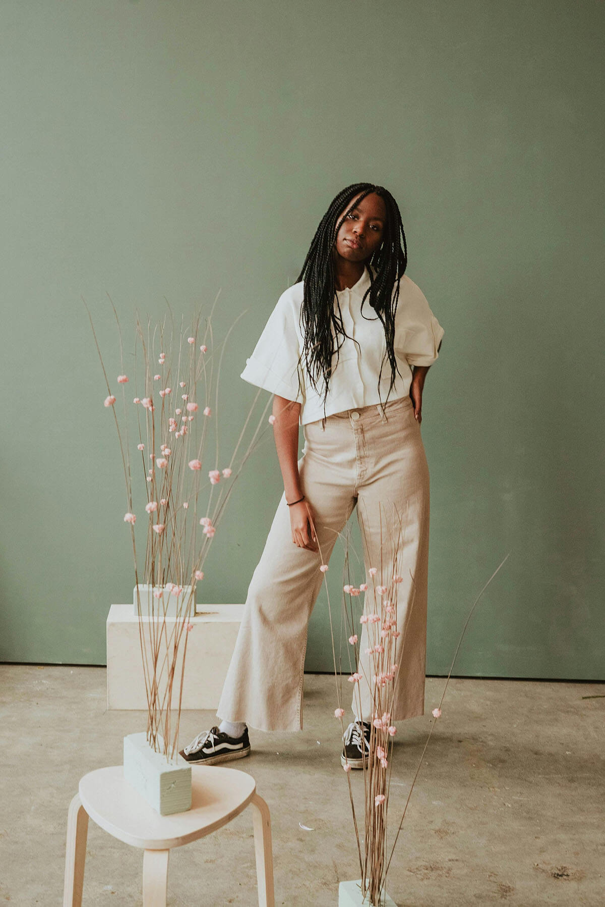 stylish woman in clothes from thrift apps
