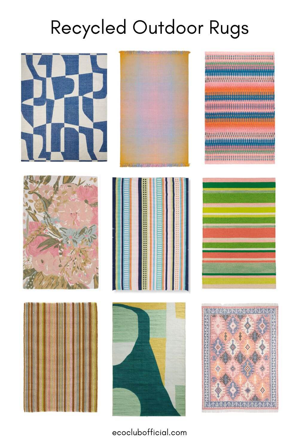 collage featuring colorful recycled plastic outdoor rugs via eco club