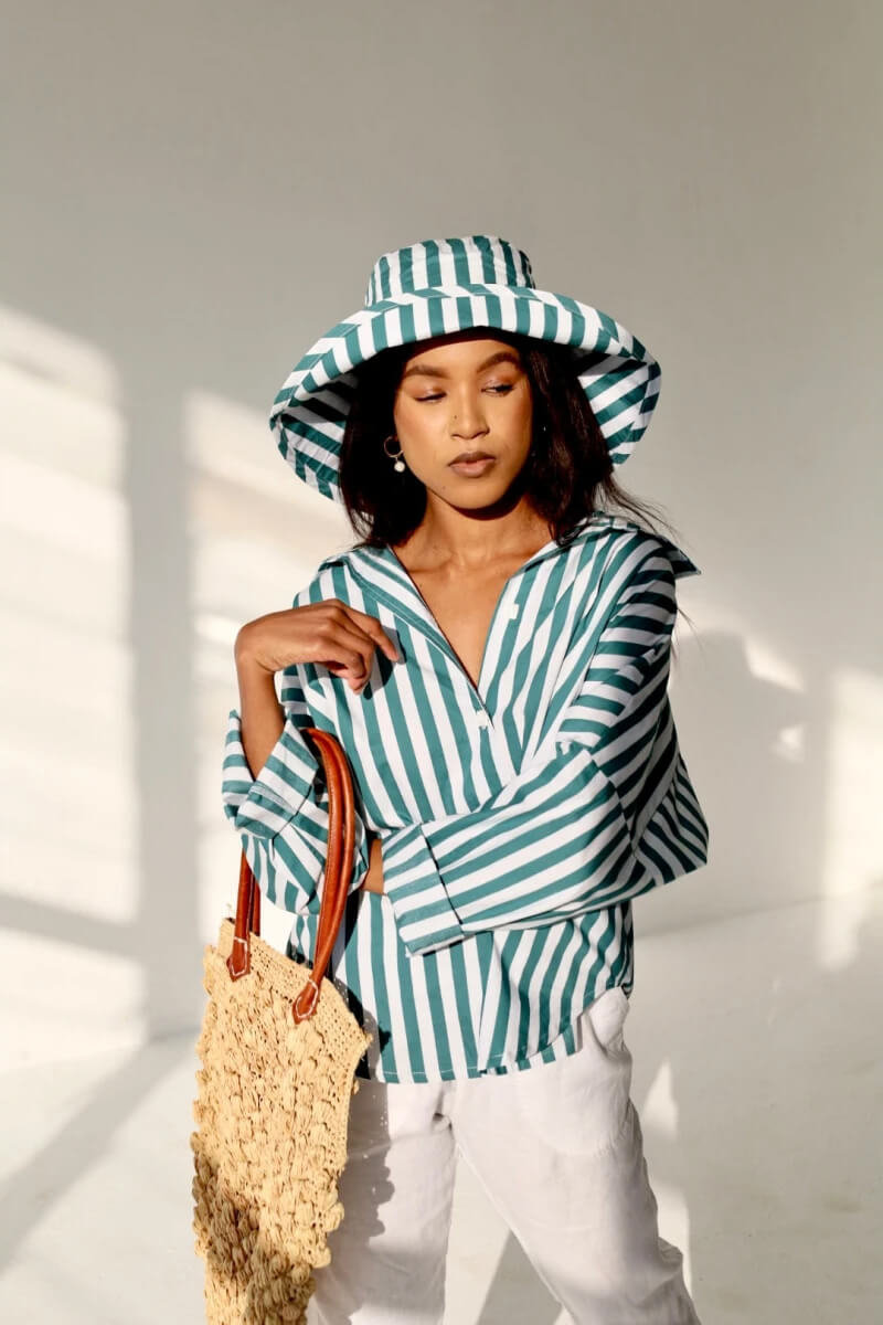 striped oversized green bucket hat