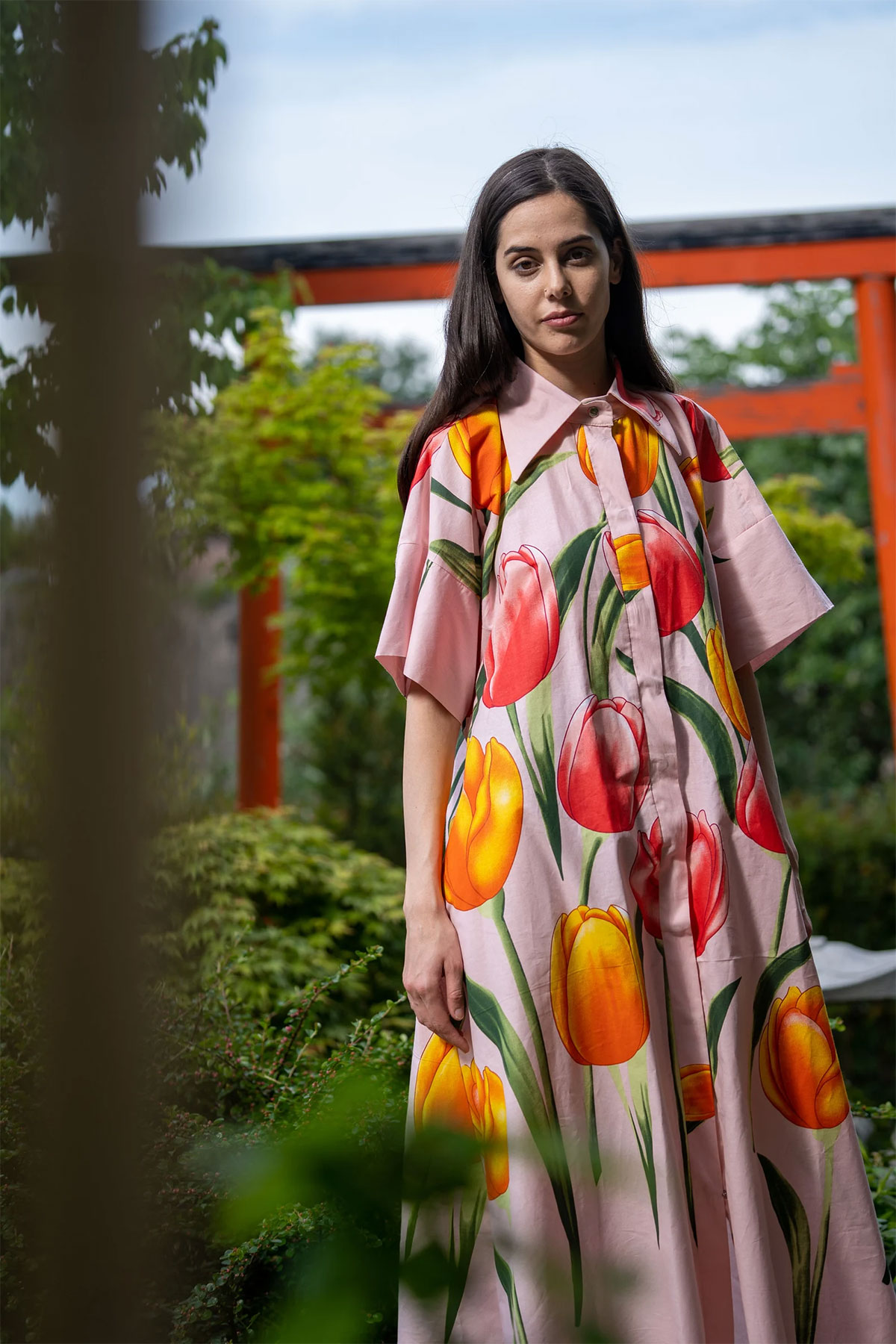 Organic cotton snap down shirt dress with graphic tulip detail and wrap belt, by MaQety